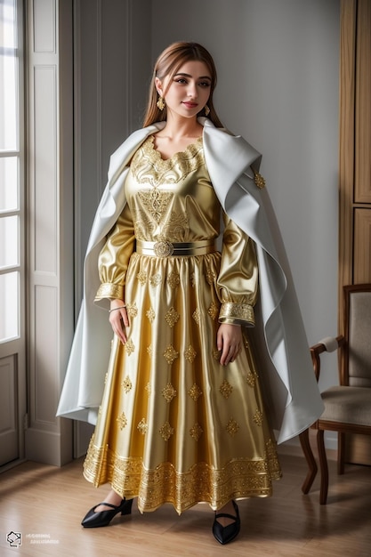 a model in a gold wedding dress with the word " on the front.