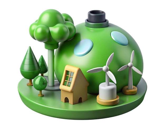 a model of a green alien plant with a house and trees