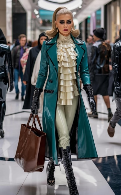 Photo a model in a green coat and a green coat is walking down a runway