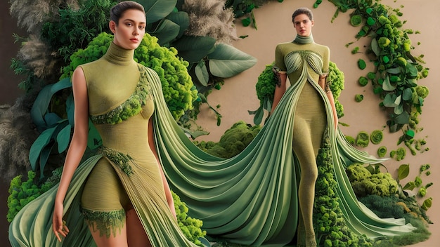 Photo a model in a green dress with a woman in a green dress