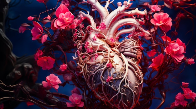 Model of heart surrounded by branches and pink flowers Generative AI