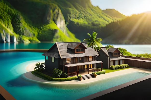 A model home is on the water with mountains in the background.