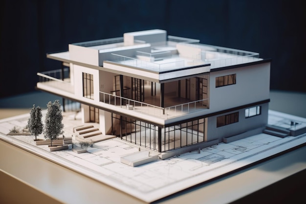 Model of house building standing on architectural project Generative AI