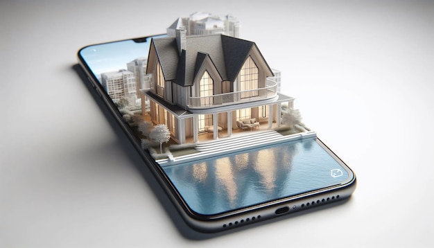 Photo a model of a house on a cell phone with a house on the screen