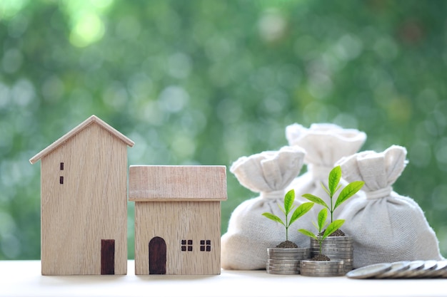 Model house and coins money in the bag on natural green background