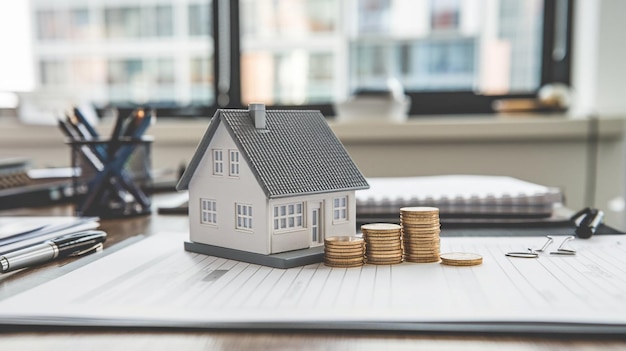 a model house on a desk with a stack of money on top of it