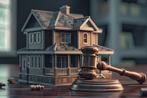 Photo model house and gavel concept of mortgage and debt obligations