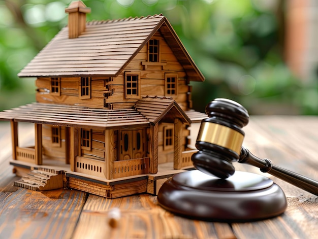 Model of house and gavel Mortgage of housing debt obligations