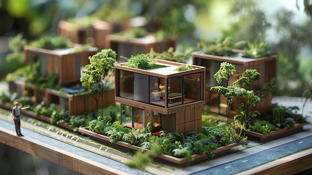 the model of the house is made of wood and has a green roof