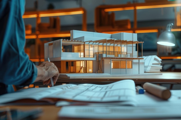 a model of a house is on a table with a book titled  the house