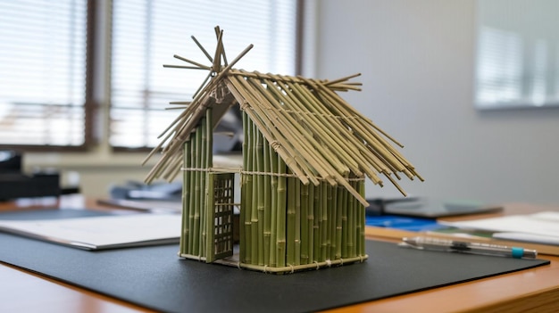 a model of a house made of bamboo and a house made of sticks