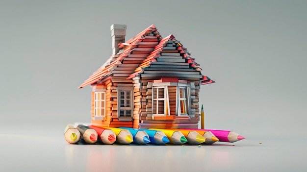 a model of a house made of pencils with a house in the background