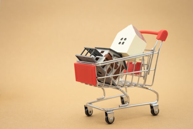 A model house model is placed on a Shopping Cart In the mall.using as background business concept 