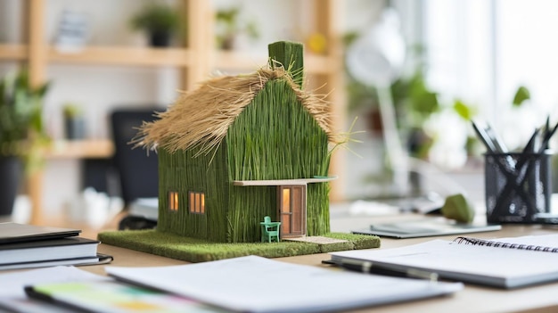 a model house sits on a desk with a pen and paper on the desk