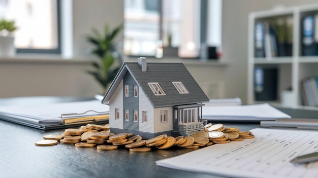 a model house sits on a table with a notepad and a notepad that says  house