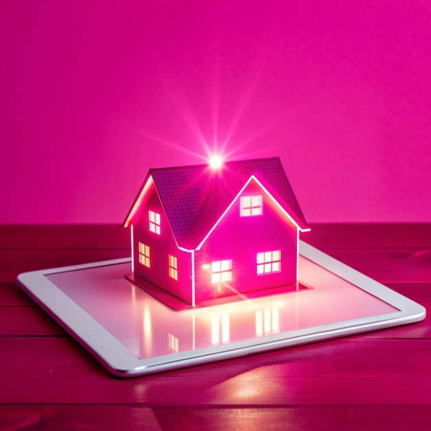 a model house sits on a tablet with a pink background