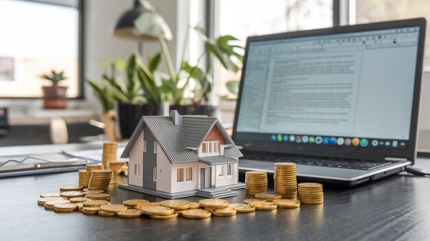 a model house sits on top of a stack of coins