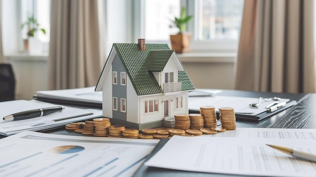 a model house sits on top of a stack of coins