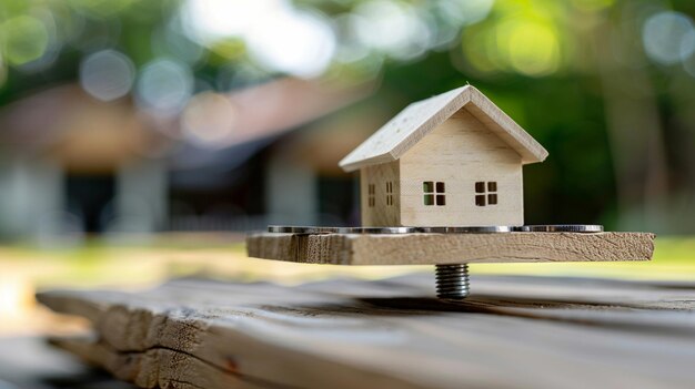 a model house sits on a wooden platform with a screw in the middle