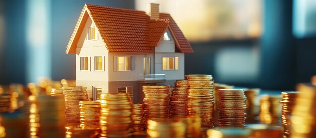 Model House Surrounded by Stacks of Gold Coins in a Brightly Lit Room Representing Real Estate Investment and Financial Growth