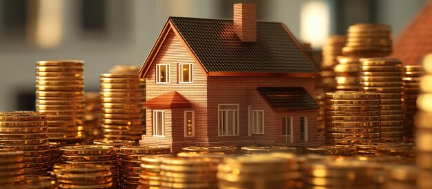 Model House Surrounded by Stacks of Gold Coins Representing Real Estate Investment and Financial Growth