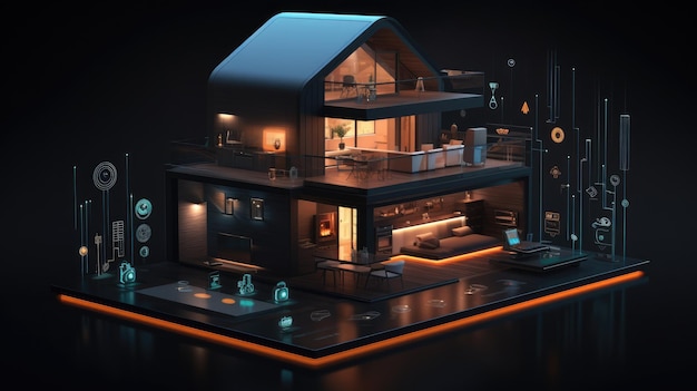 A model house with a black roof and a bright orange glow.