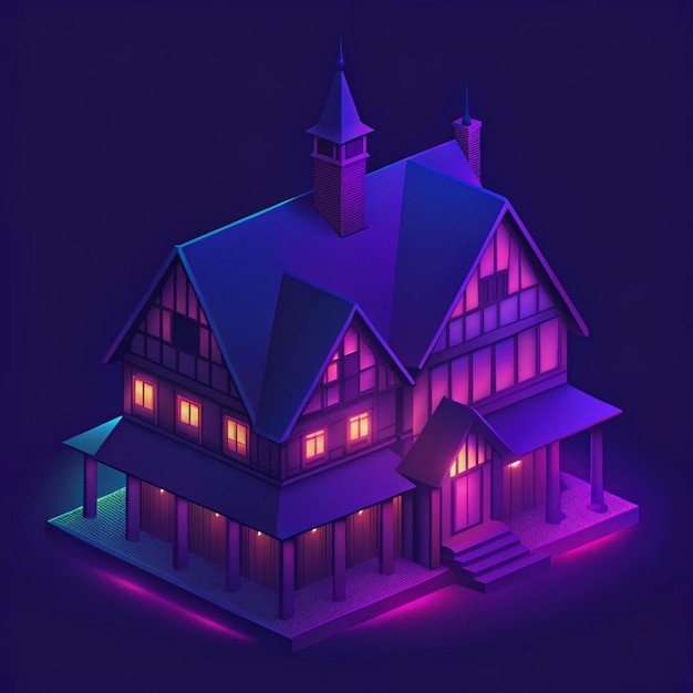 a model of a house with a blue and purple light