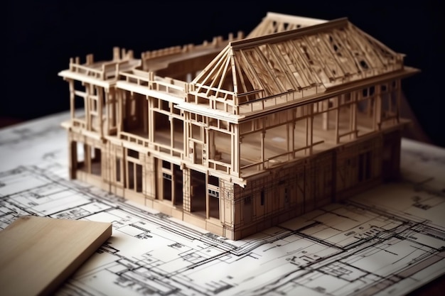 A model of a house with a book on top of it.