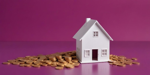 Photo a model house with a bunch of gold coins next to it