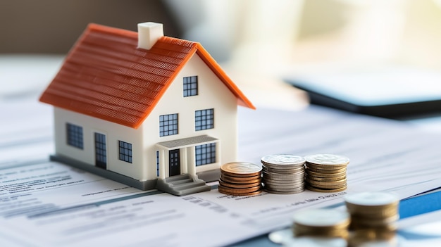 Model house with coins on documents indicating real estate investment during daylight