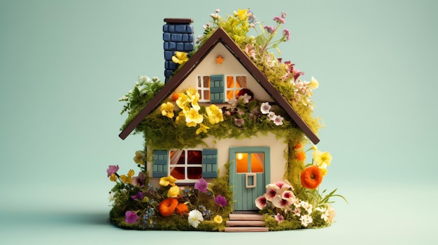 a model of a house with flowers and a house with a blue door