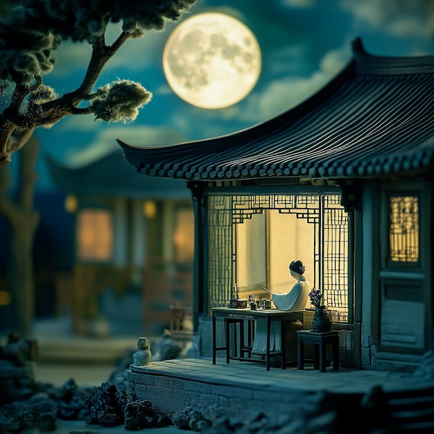 a model of a house with a full moon in the background