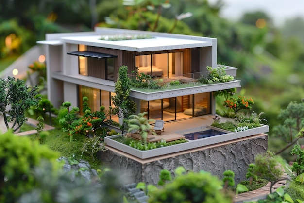 a model of a house with a garden and trees