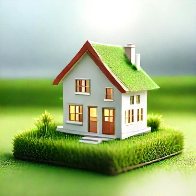 a model house with a green roof and a house on the top of the grass