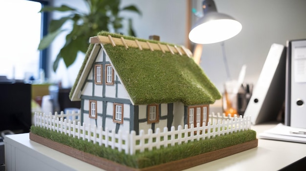 a model of a house with a green roof and a house on the top