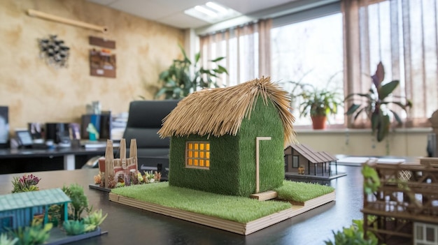 a model of a house with a green roof and a house with a thatched roof