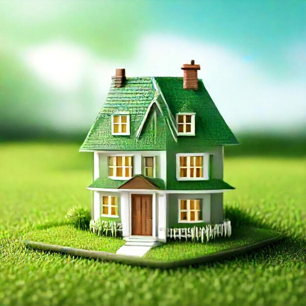 a model house with a green roof and a white house on the bottom