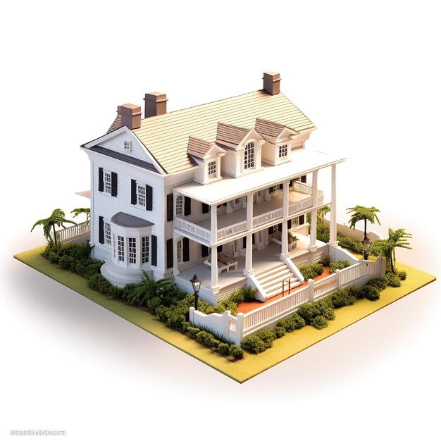 A model of a house with a house on the front and a palm tree on the right.