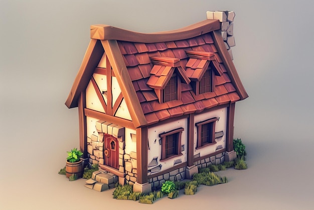 a model of a house with a house on the front and a plant in the corner