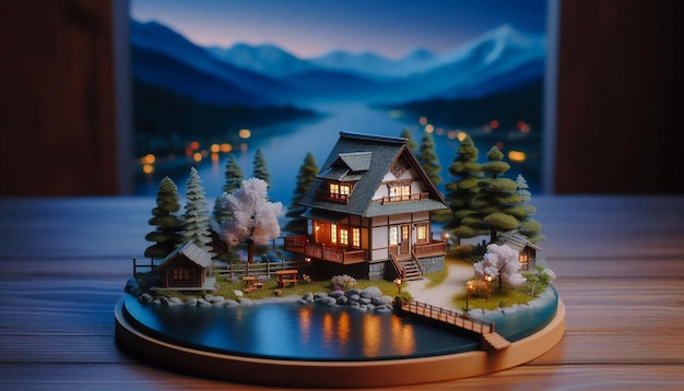 Photo a model of a house with a lake in the background