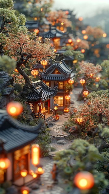 a model of a house with lanterns on it