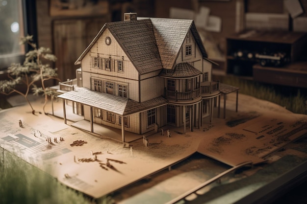 A model of a house with a lawn and a house on it