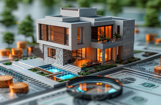 A model of a house with a magnifying glass on top of it and money around it on a table vray render