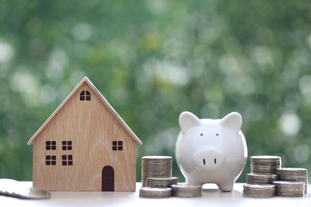 Model house with piggy bank on natural green background