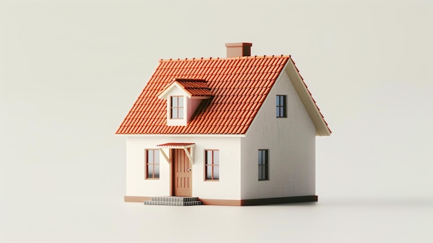 a model house with a red roof and a house with a tile roof