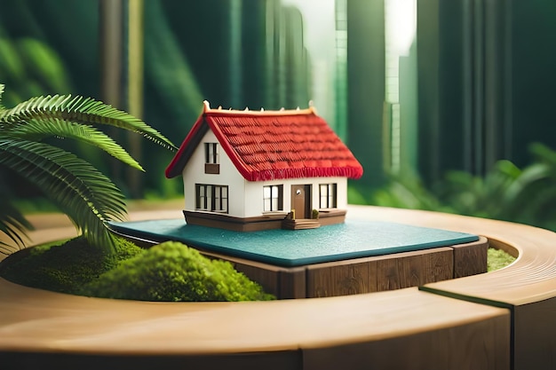 A model of a house with a red roof on a table.