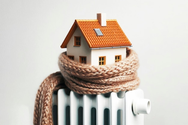 Photo model house with scarf on radiator for warmth