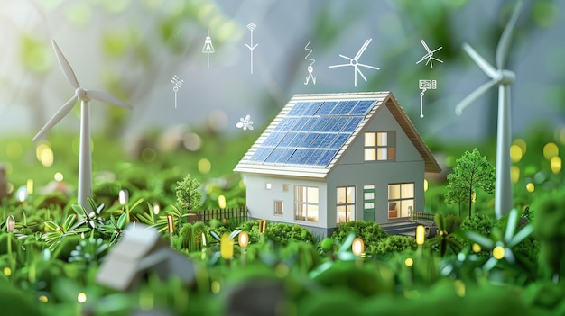 a model house with solar panels on the roof