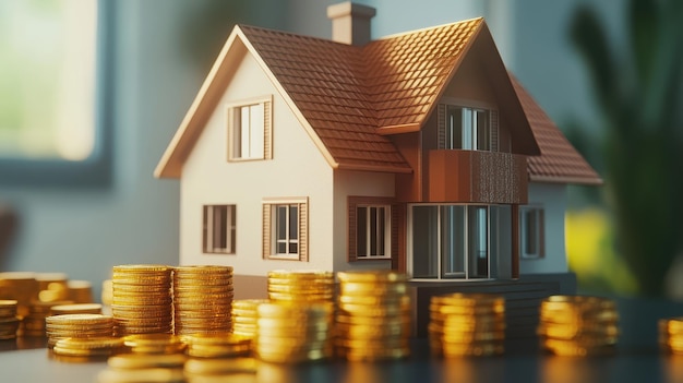 Model House with Stacks of Gold Coins Representing Real Estate Investment and Financial Growth