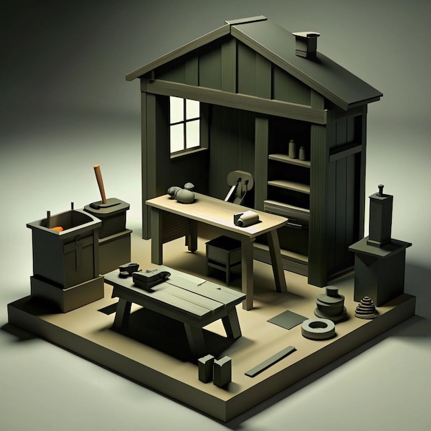 a model of a house with a stove and a stove